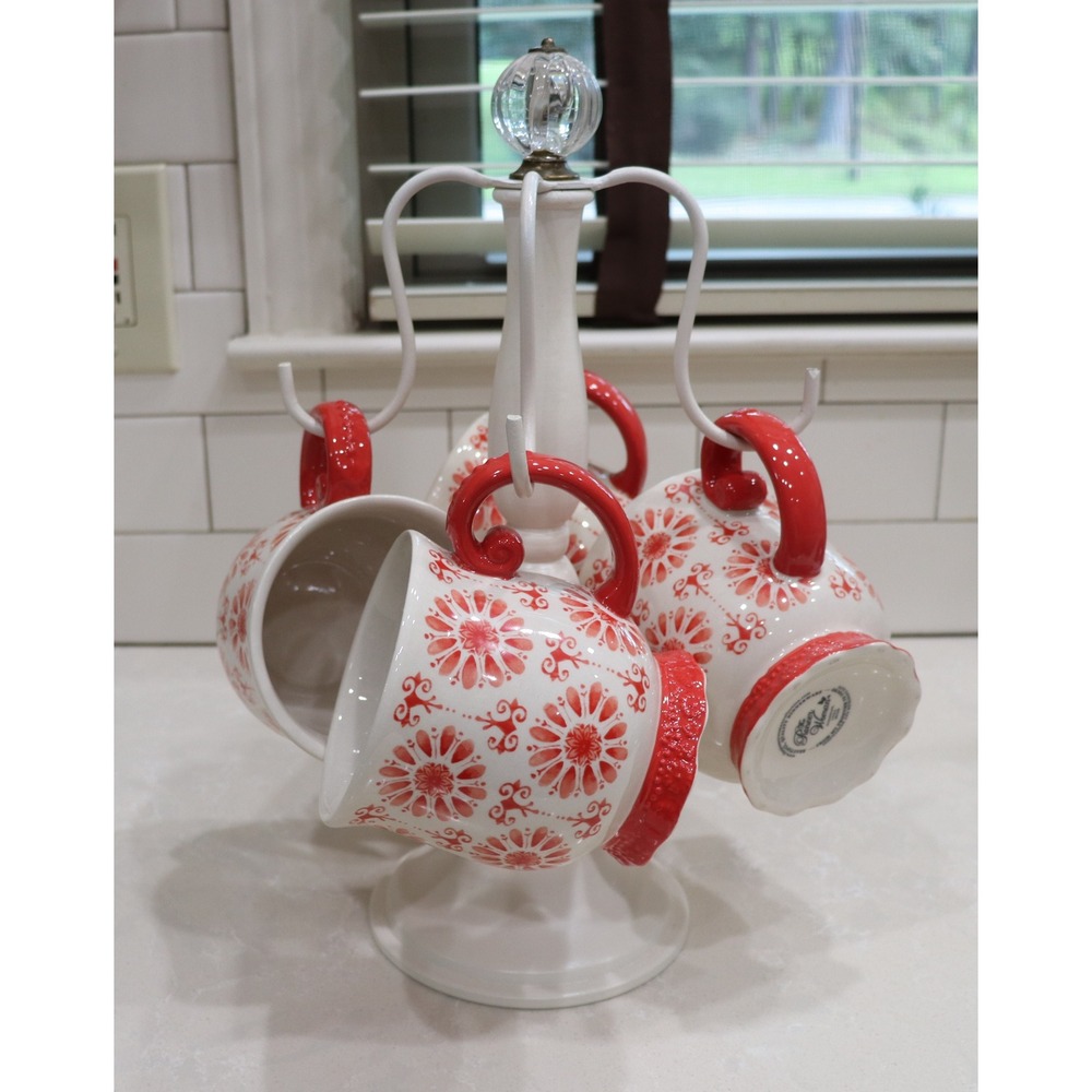 Pioneer Woman Red Floral Stoneware Mug Set of 4 with White Mug Tree Stand